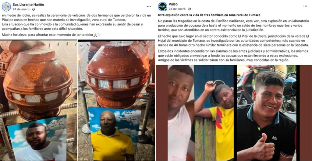 Imágenes subidas a la cuenta de Facebook Sos Llorente Nariño el 24 de enero, el mismo día del incendio en un laboratorio de cocaína en Pital de la Costa.